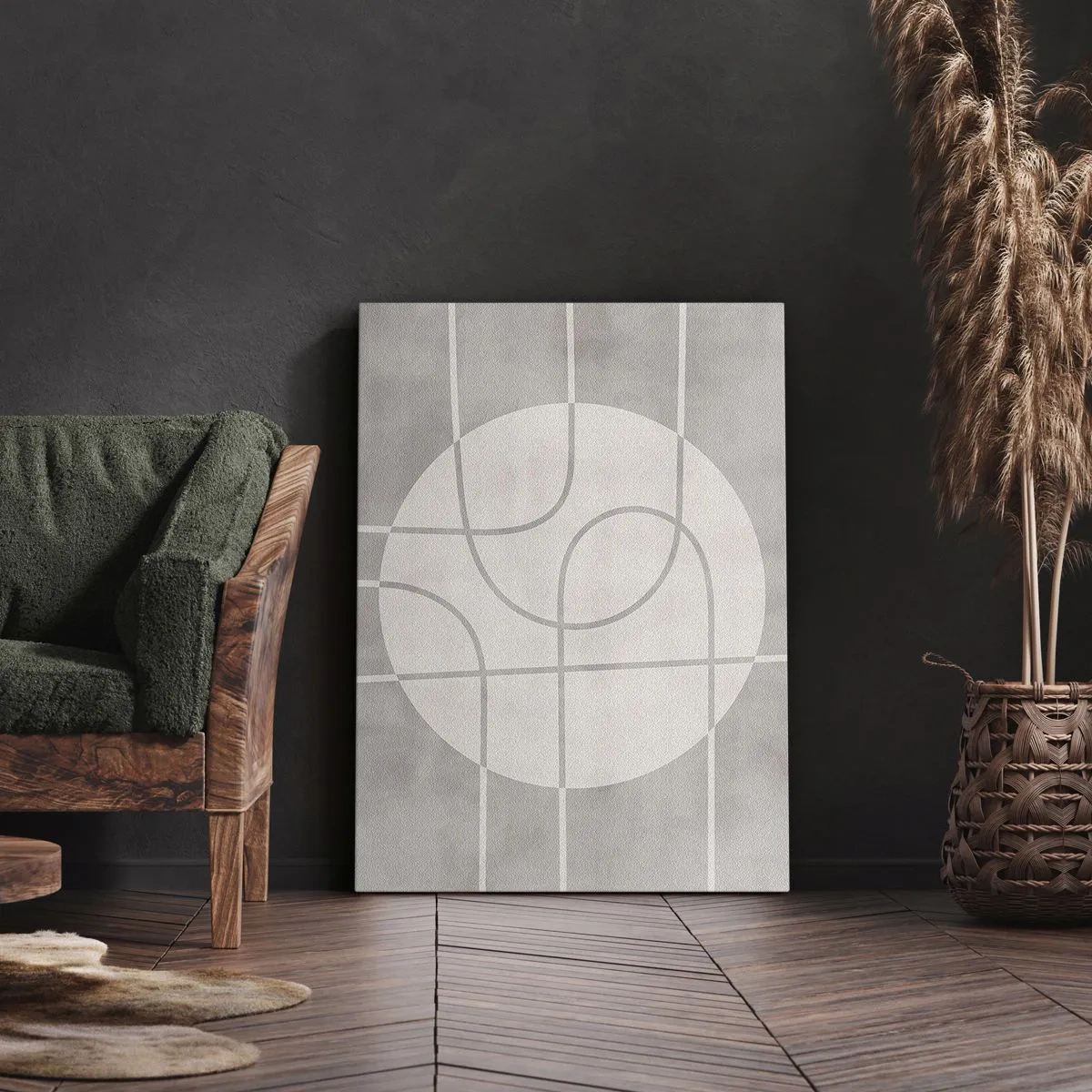 Cuadro sobre lienzo - Impresión de Imagen - Patrón geométrico en tonos grises y blancos. - 50x70cm - Circular y rectilíneo - Decoración de pared moderna para salón y dormitorio ARTTOR
