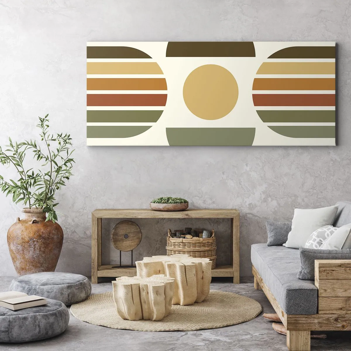 Cuadro sobre lienzo - Impresión de Imagen - Composición geométrica con semicírculos y rayas en tonos tierra. - 160x50cm - Los tonos de la tierra - Decoración de pared moderna para salón y dormitorio ARTTOR