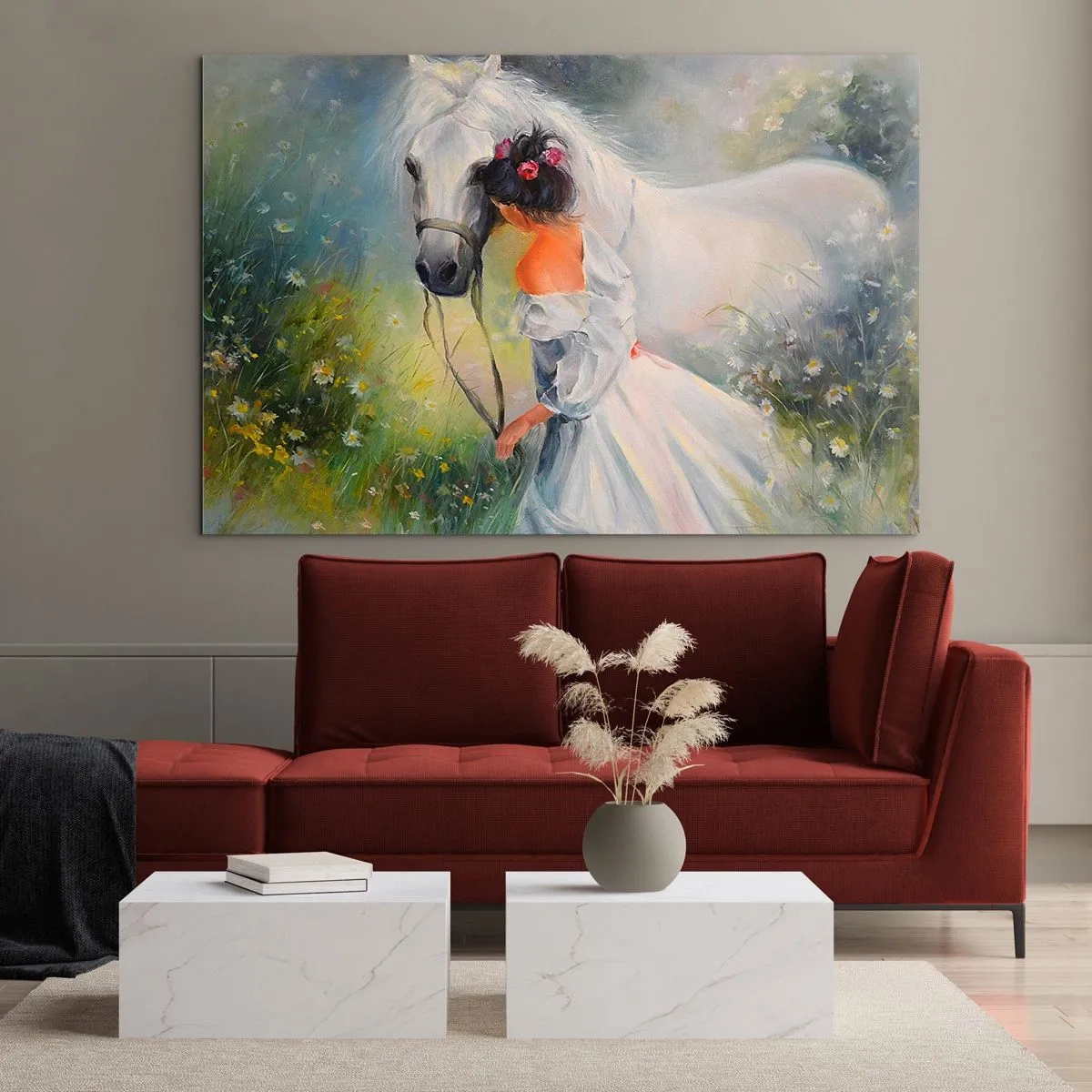 Cuadro sobre vidrio - Impresiones sobre Vidrio - Una mujer con un vestido blanco con un caballo blanco en un prado lleno de flores. - 70x50cm - Como si de un hermoso sueño se tratara - Decoración de pared moderna para salón y dormitorio ARTTOR