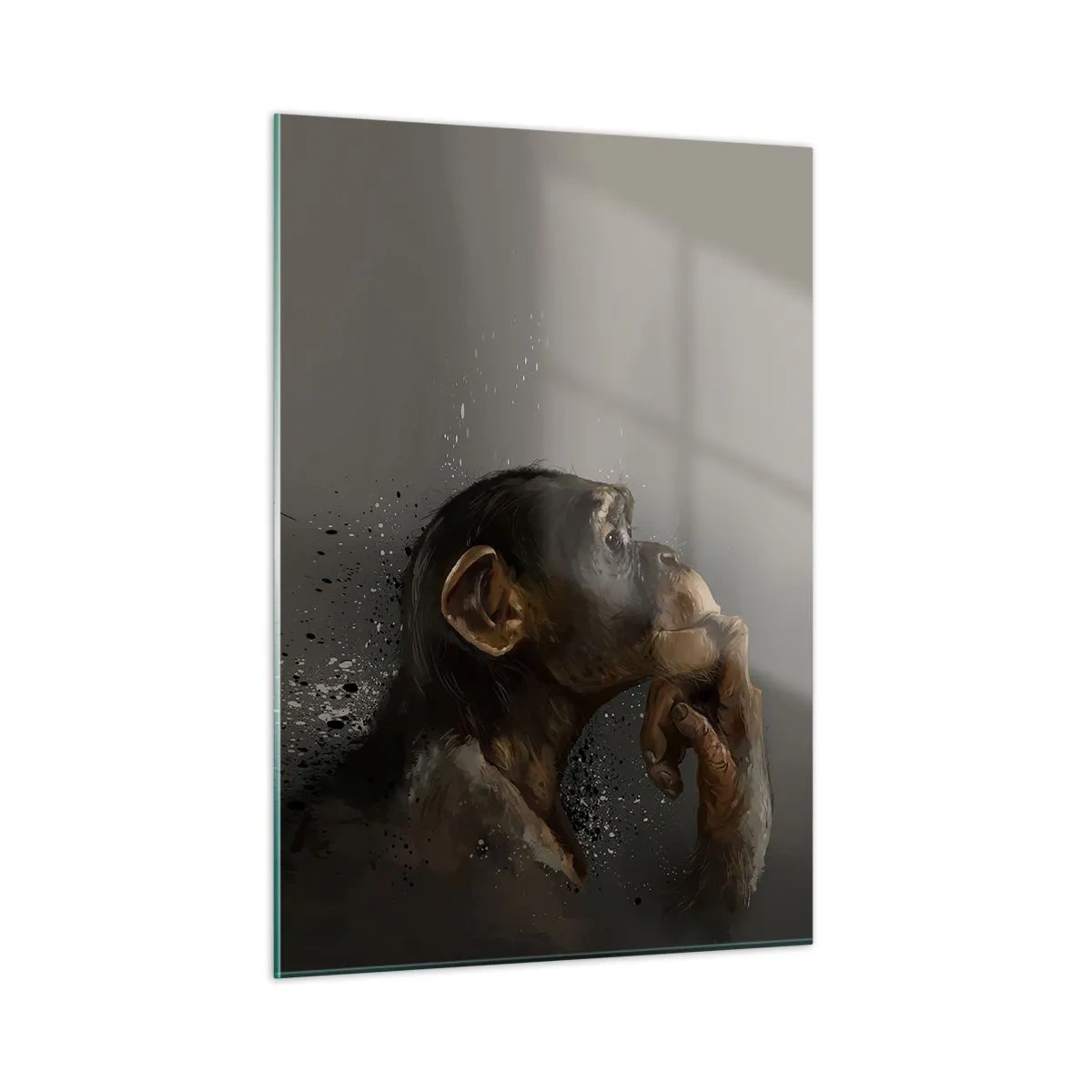 Cuadro sobre vidrio - Impresiones sobre Vidrio - Un mono pensativo sobre un fondo oscuro con efecto de salpicaduras. - 50x70cm - La evolución del pensador - Decoración de pared moderna para salón y dormitorio ARTTOR