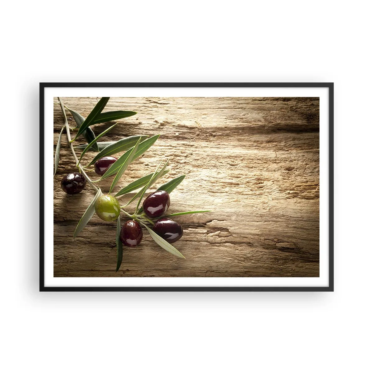 Póster en marco negro - Rama de olivo con fruta sobre un fondo de madera envejecida - 100x70cm - Directamente de la naturaleza - Decoración de pared moderna para salón y dormitorio ARTTOR