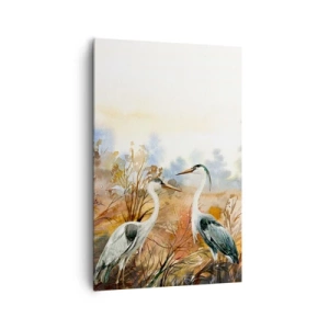 Cuadro sobre lienzo - Impresión de Imagen - Dos garzas sobre el fondo de un paisaje otoñal. - 80x120cm - ¿A dónde nos dirigimos en otoño? - Decoración de pared moderna para salón y dormitorio ARTTOR