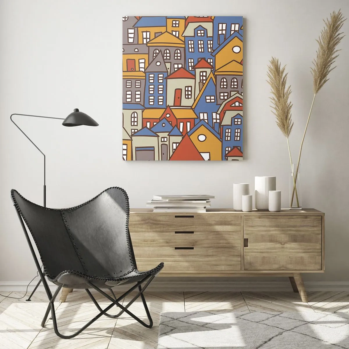 Cuadro sobre vidrio - Impresiones sobre Vidrio - Casas coloridas en estilo gráfico crean un paisaje alegre - 50x70cm - Casa tras casa - Decoración de pared moderna para salón y dormitorio ARTTOR