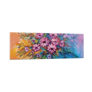 Cuadro sobre vidrio - Impresiones sobre Vidrio - Flores de colores en un ramo sobre un fondo de color pastel. - 160x50cm - La energía de la vida - Decoración de pared moderna para salón y dormitorio ARTTOR