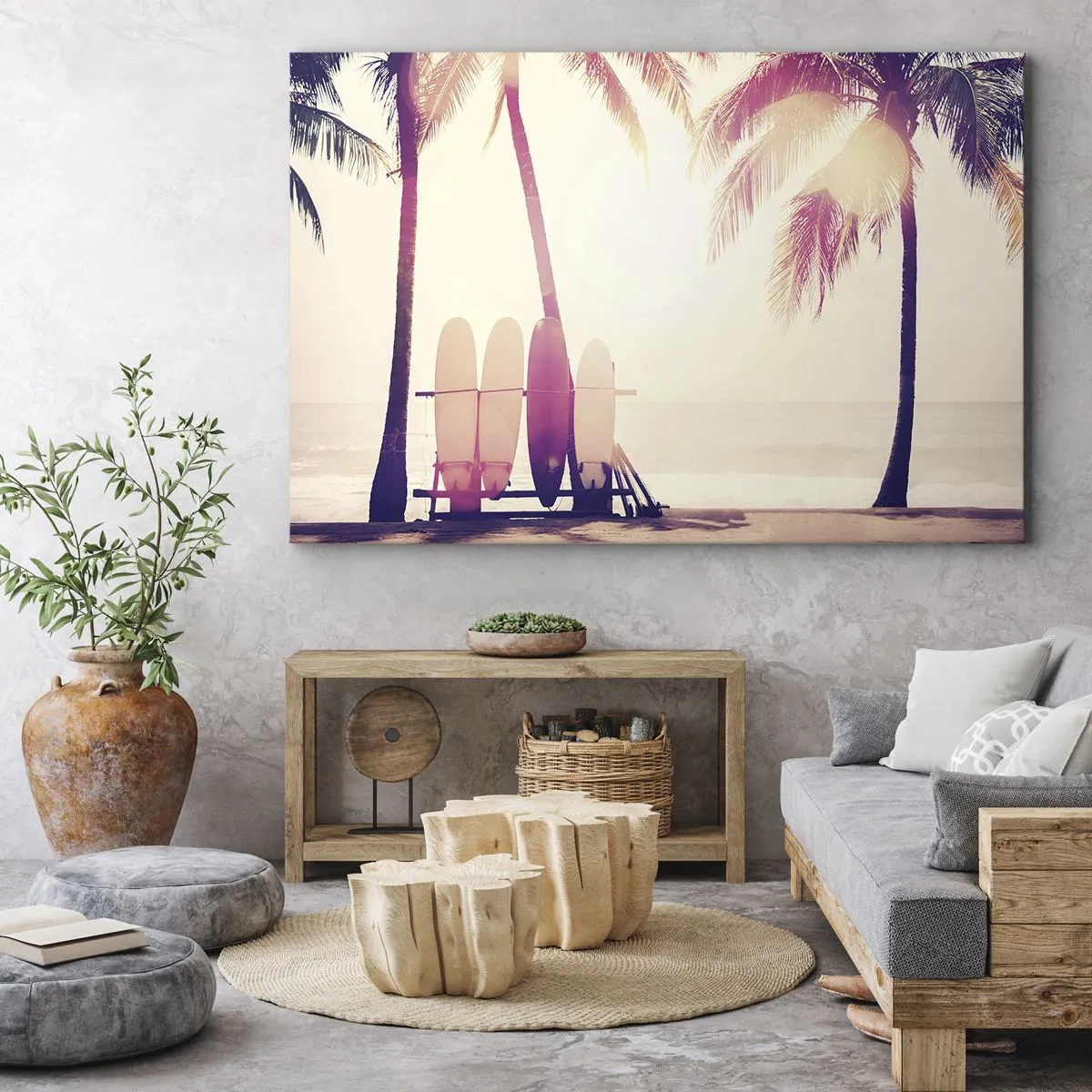 Cuadro sobre lienzo - Impresión de Imagen - Palmeras y tablas de surf en la playa bajo el sol. - 70x50cm - Va a ser un gran día - Decoración de pared moderna para salón y dormitorio ARTTOR