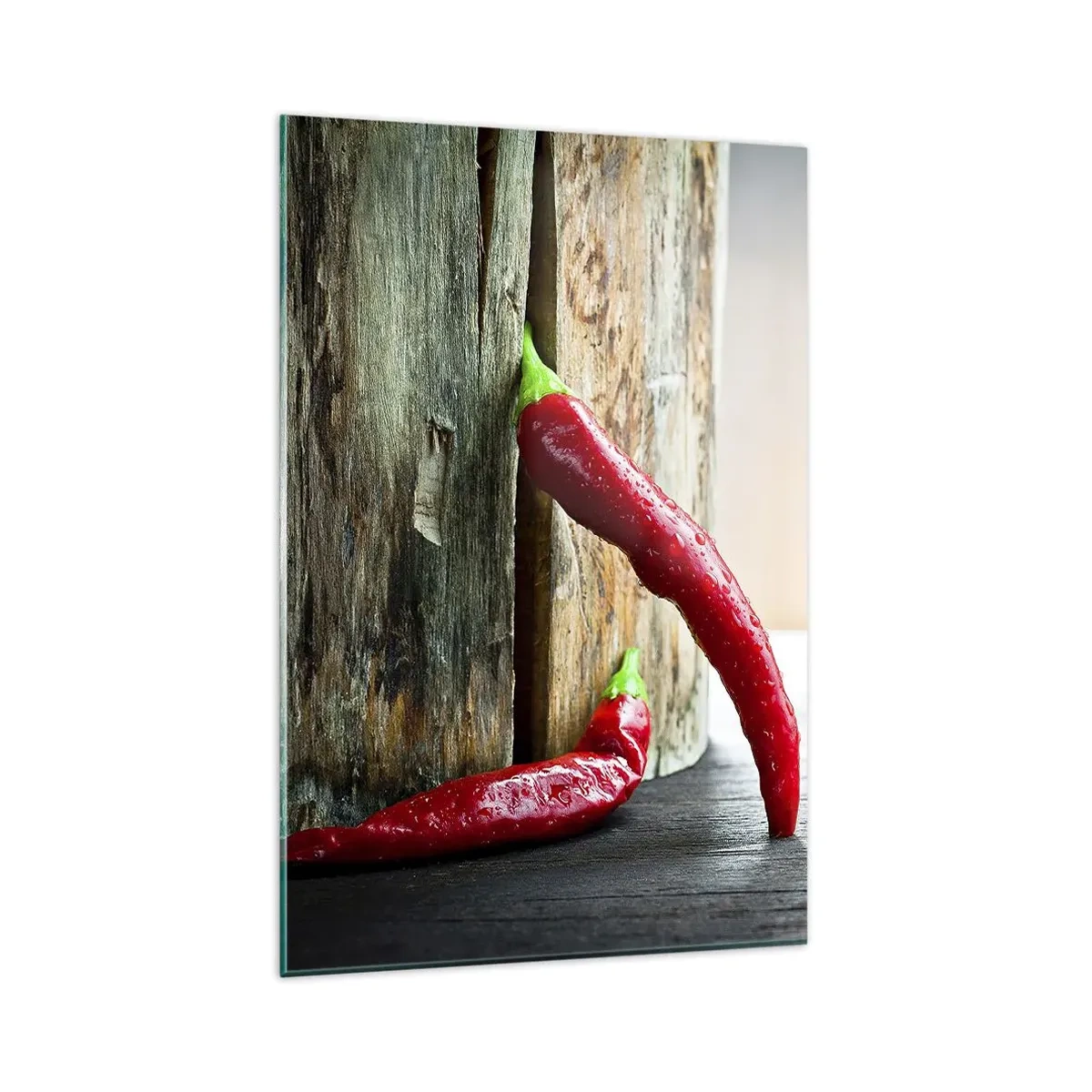 Cuadro sobre vidrio - Impresiones sobre Vidrio - Dos chiles rojos sobre un fondo de madera con acento rústico. - 80x120cm - Pimientos rojos picantes - Decoración de pared moderna para salón y dormitorio ARTTOR