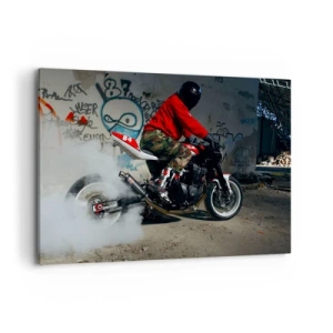 Cuadro sobre lienzo - Impresión de Imagen - Un motociclista realiza un espectacular derrape en un edificio abandonado cubierto de grafitis. - 100x70cm - ¡Persígueme! - Decoración de pared moderna para salón y dormitorio ARTTOR