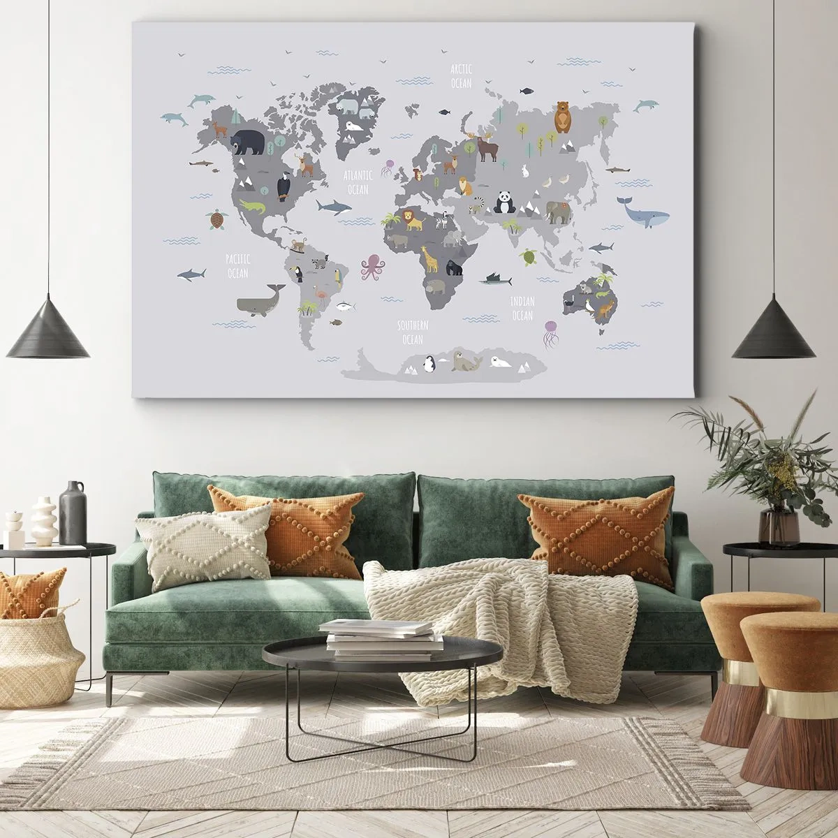 Cuadro sobre lienzo - Impresión de Imagen - Un mapa del mundo con ilustraciones de animales sobre un fondo gris. - 120x80cm - Dime de dónde eres... - Decoración de pared moderna para salón y dormitorio ARTTOR