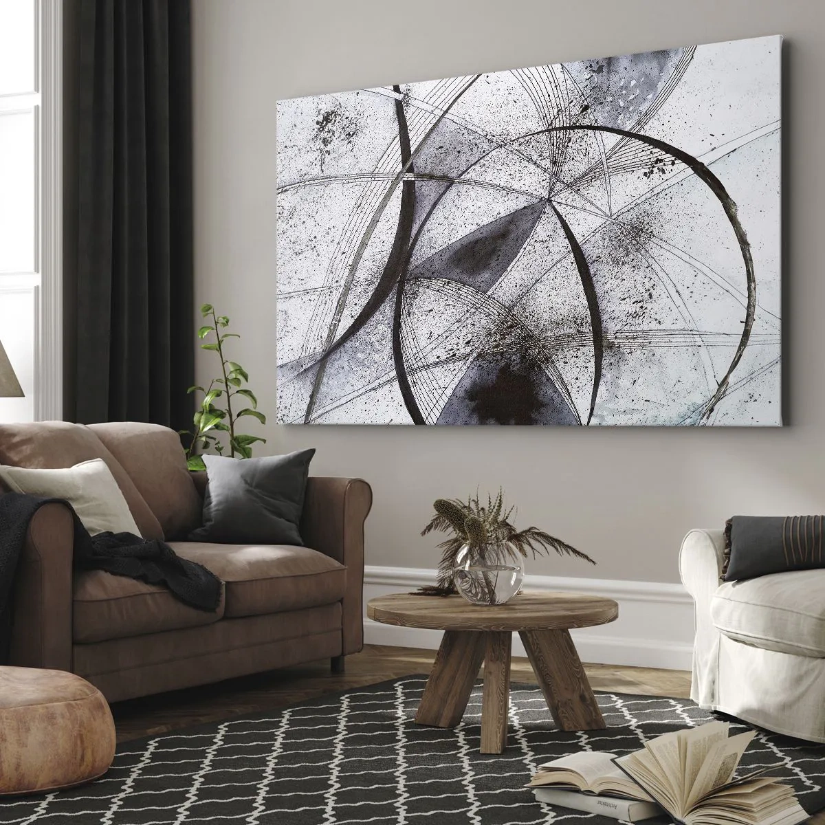 Cuadro sobre lienzo - Impresión de Imagen - Líneas y formas abstractas en tonos de gris y negro. - 70x50cm - Fantasía futurista - Decoración de pared moderna para salón y dormitorio ARTTOR