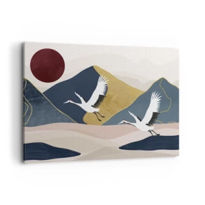 Cuadro sobre lienzo - Impresión de Imagen - Grúas en vuelo con el telón de fondo de montañas y un sol rojo. - 100x70cm - Y el día ha vuelto a pasar volando - Decoración de pared moderna para salón y dormitorio ARTTOR