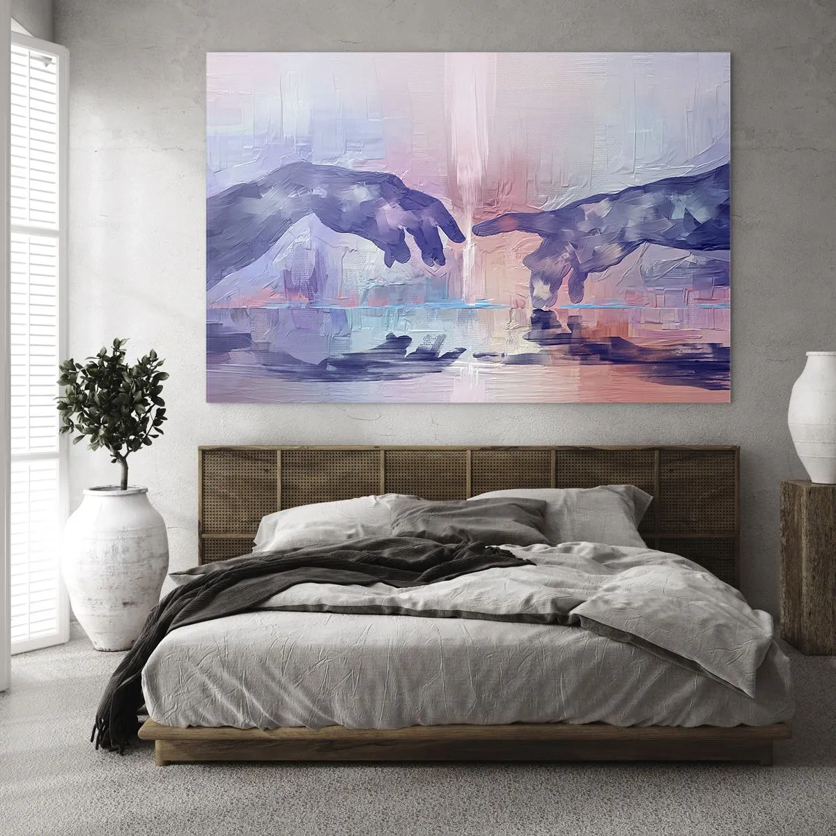 Cuadro sobre vidrio - Impresiones sobre Vidrio - Manos abstractas acercándose una a la otra sobre un fondo pastel. - 70x50cm - Chispa divina de vida - Decoración de pared moderna para salón y dormitorio ARTTOR