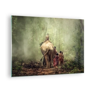 Cuadro sobre vidrio - Impresiones sobre Vidrio - Un elefante en el bosque con niños con trajes tradicionales. - 70x50cm - El nuevo libro de la selva - Decoración de pared moderna para salón y dormitorio ARTTOR
