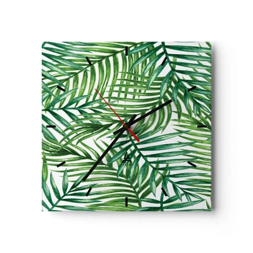 Reloj de pared - Reloj de vidrio - Hojas de palmera tropical verde sobre un fondo claro - 30x30cm - Bajo el verde - Decoración de pared moderna para salón y dormitorio ARTTOR