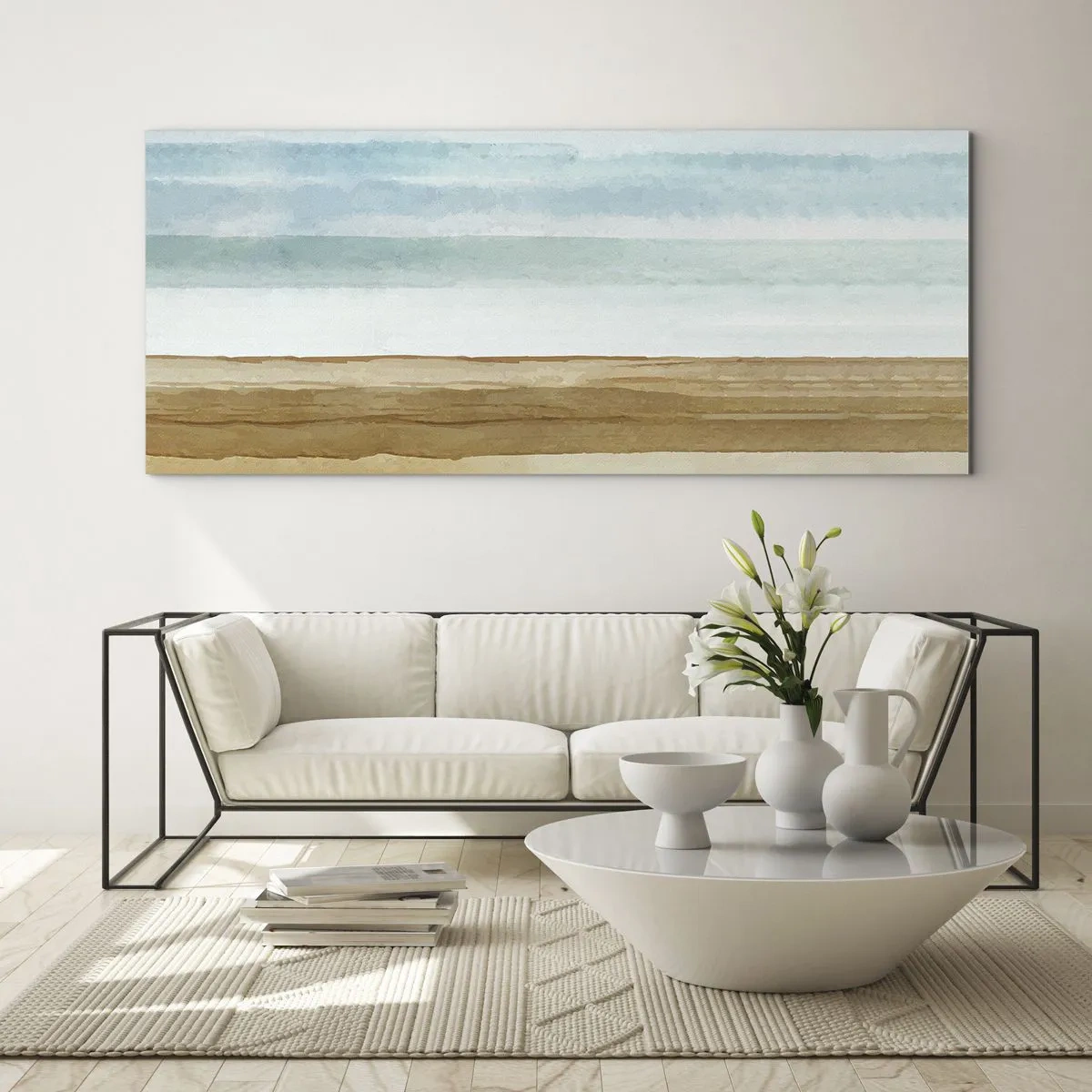 Cuadro sobre vidrio - Impresiones sobre Vidrio - Paisaje de playa abstracto en tonos pastel - 120x50cm - Serenidad - Decoración de pared moderna para salón y dormitorio ARTTOR