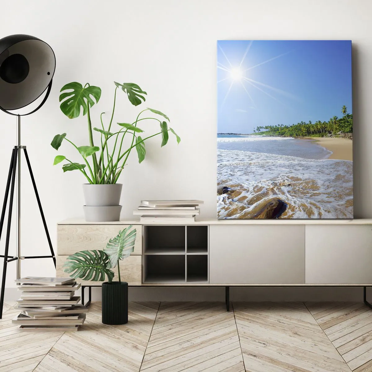 Cuadro sobre lienzo - Impresión de Imagen - Playa tropical con palmeras y cielo azul. - 80x120cm - Un lugar exótico para ti - Decoración de pared moderna para salón y dormitorio ARTTOR