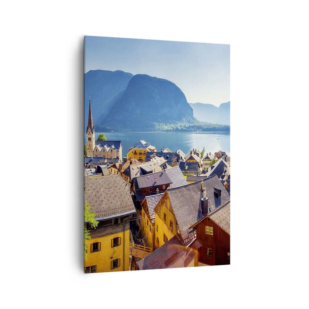 Cuadro sobre lienzo - Impresión de Imagen - Un pintoresco pueblo junto a un lago rodeado de montañas en un día soleado. - 70x100cm - No podría ser más pintoresco - Decoración de pared moderna para salón y dormitorio ARTTOR