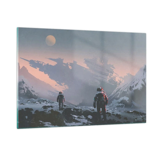 Cuadro sobre vidrio - Impresiones sobre Vidrio - Astronautas en un planeta alienígena con un naufragio al fondo - 120x80cm - Bajo una estrella desconocida - Decoración de pared moderna para salón y dormitorio ARTTOR
