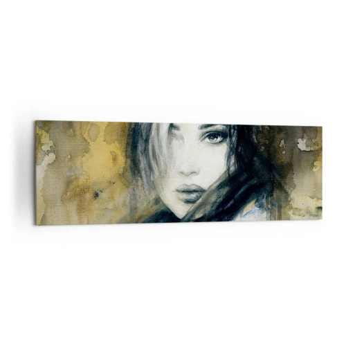 Cuadro sobre lienzo - Impresión de Imagen - Retrato de una mujer sobre un fondo de manchas abstractas en tonos beige. - 160x50cm - Inocente y sensual - Decoración de pared moderna para salón y dormitorio ARTTOR