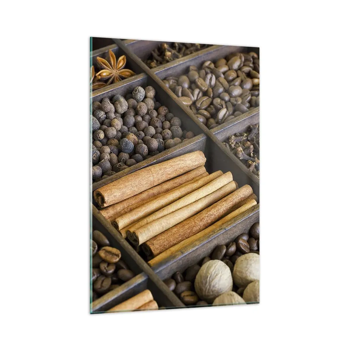 Cuadro sobre vidrio - Impresiones sobre Vidrio - Especias y café en compartimentos de madera. - 80x120cm - Un tesoro de aromas - Decoración de pared moderna para salón y dormitorio ARTTOR