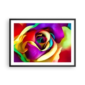 Póster en marco negro - Una rosa colorida en tonos arcoíris. - 70x50cm - Es imposible - Decoración de pared moderna para salón y dormitorio ARTTOR