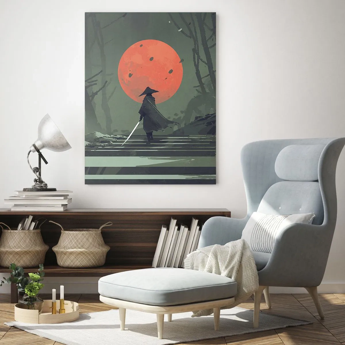 Cuadro sobre vidrio - Impresiones sobre Vidrio - Un guerrero solitario con una espada contra el fondo de una luna roja en un bosque oscuro. - 80x120cm - Guerrero de la luna roja - Decoración de pared moderna para salón y dormitorio ARTTOR