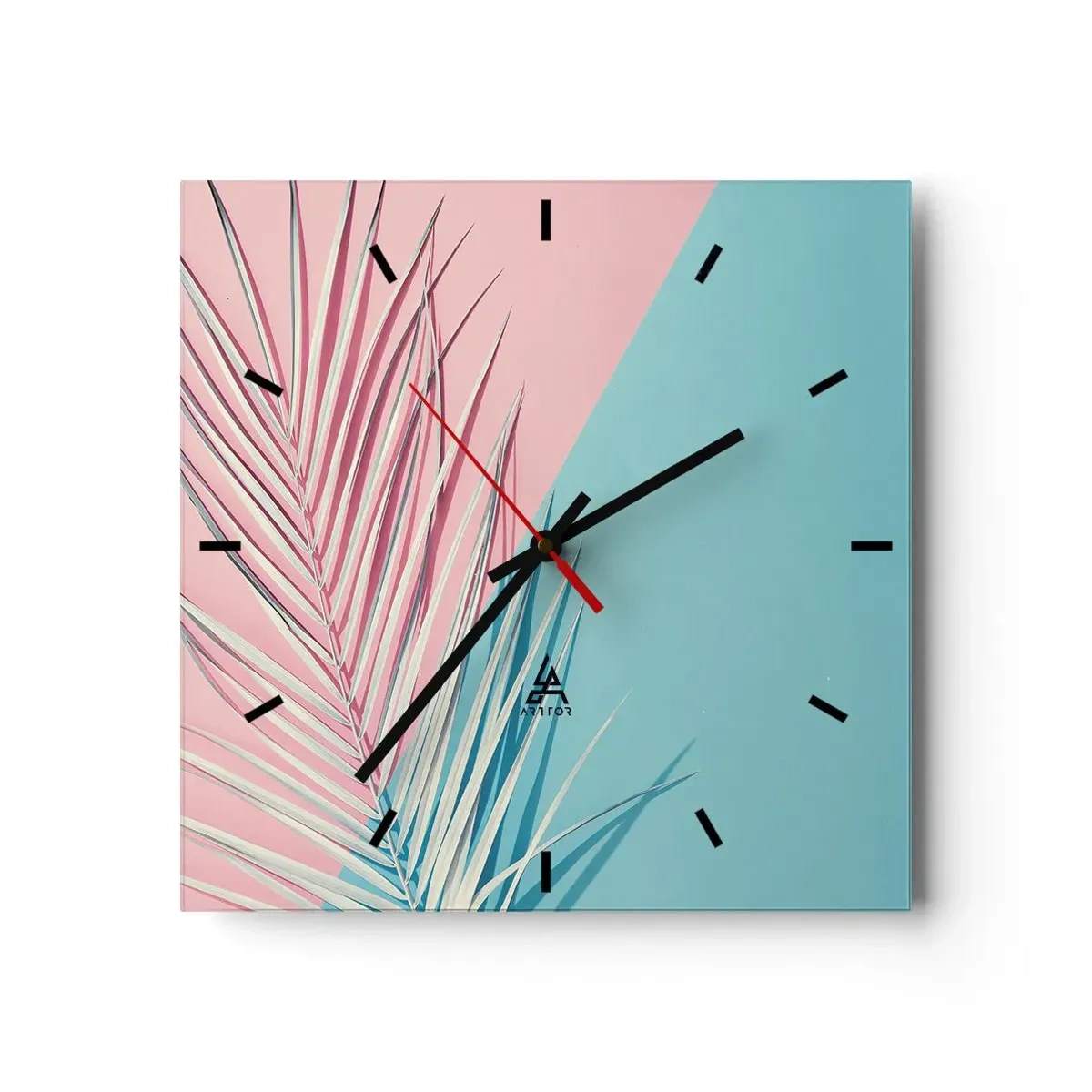 Reloj de pared - Reloj de vidrio - Hoja tropical sobre un fondo de tonos pastel de rosa y azul. - 30x30cm - Impresión tropical - Decoración de pared moderna para salón y dormitorio ARTTOR