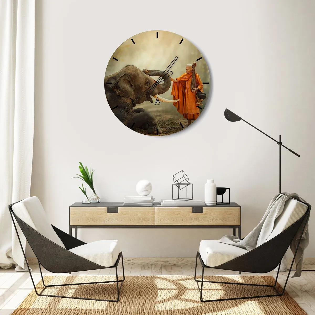 Reloj de pared - Reloj de vidrio - Un monje budista y un elefante en un entorno natural y tranquilo. - 30x30cm - Un encuentro en un viaje - Decoración de pared moderna para salón, cocina y dormitorio ARTTOR