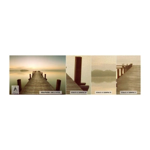 Muestra de fotomural Premium Canvas - Antes del amanecer, al amanecer, la luz - Paisaje, Lago, Puente de madera - 100x30 cm