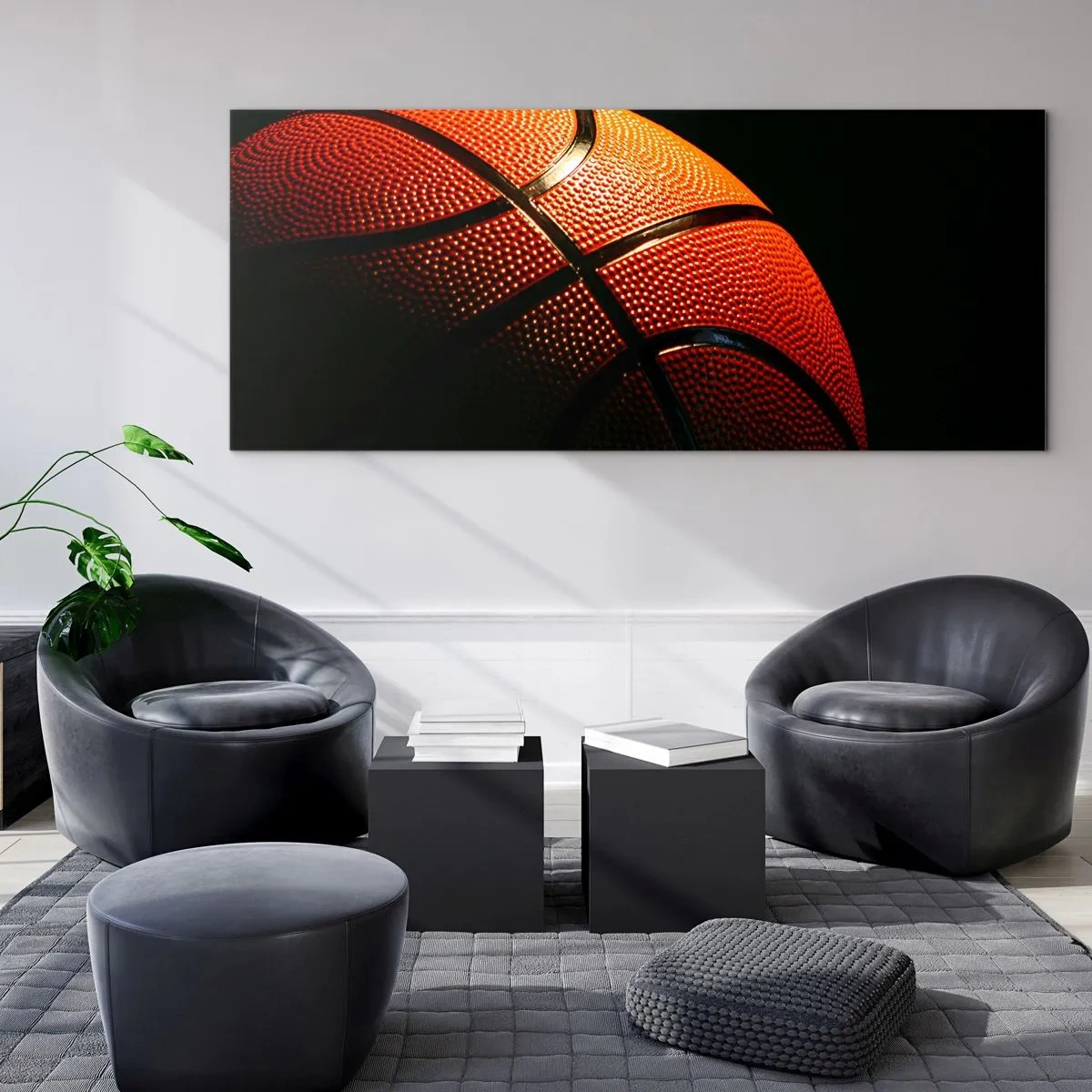 Cuadro sobre vidrio - Impresiones sobre Vidrio - Primer plano de una pelota de baloncesto sobre un fondo negro - 140x50cm - Hermoso como un planeta - Decoración de pared moderna para salón y dormitorio ARTTOR