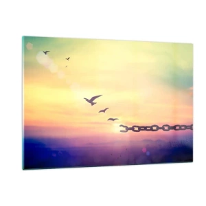 Cuadro sobre vidrio - Impresiones sobre Vidrio - Pájaros en vuelo con el telón de fondo de una cadena y una puesta de sol. - 120x80cm - Victoria de la libertad - Decoración de pared moderna para salón y dormitorio ARTTOR