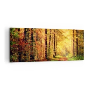 Cuadro sobre lienzo - Impresión de Imagen - Un sendero forestal rodeado de árboles dorados y verdes. - 120x50cm - Silencio dorado del bosque - Decoración de pared moderna para salón y dormitorio ARTTOR