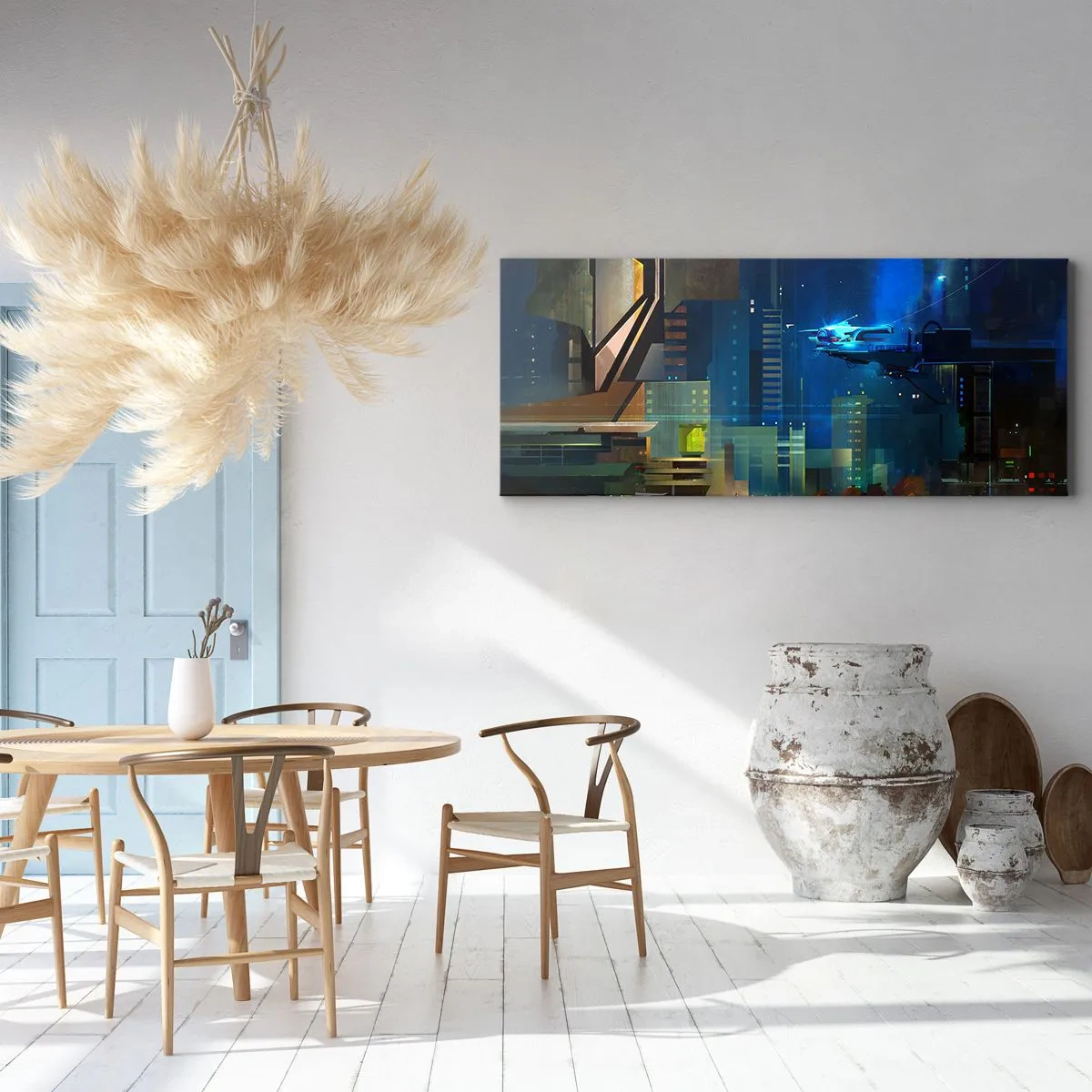 Cuadro sobre lienzo - Impresión de Imagen - Ciudad futurista de noche con luces de neón y un vehículo volador. - 120x50cm - En un futuro próximo - Decoración de pared moderna para salón y dormitorio ARTTOR
