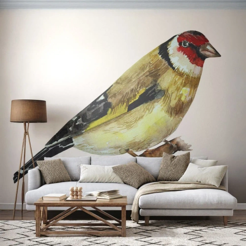 Fotomural Premium Sand - Ilustración en acuarela de un jilguero en una rama - 100x70cm - Retrato de pájaro - Decoración de pared moderna para salón y dormitorio ARTTOR