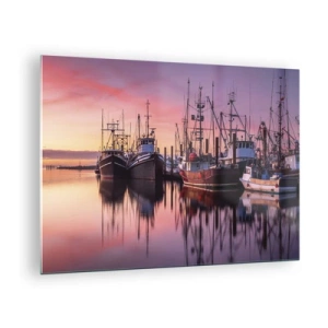 Cuadro sobre vidrio - Impresiones sobre Vidrio - Barcos de pesca al atardecer en un puerto tranquilo - 70x50cm - Descanso antes de partir - Decoración de pared moderna para salón y dormitorio ARTTOR