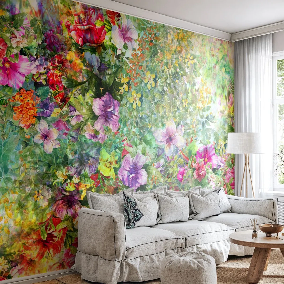 Fotomural Premium Sand - Patrón floral colorido en un estilo artístico. - 100x70cm - En flores a la perdición - Decoración de pared moderna para salón y dormitorio ARTTOR