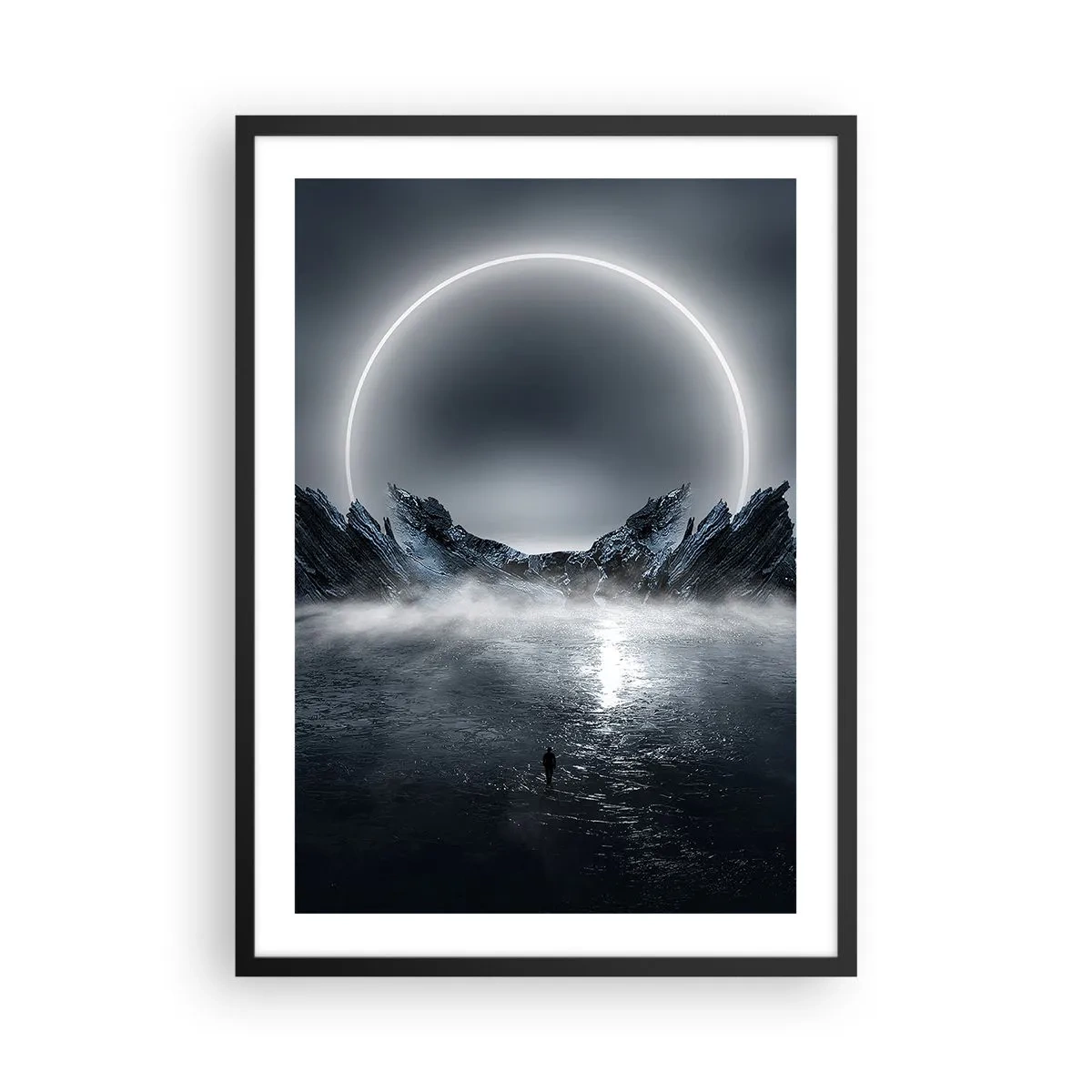 Póster en marco negro - Un paisaje misterioso con un círculo brillante en el cielo. - 50x70cm - El final del cuento - Decoración de pared moderna para salón y dormitorio ARTTOR