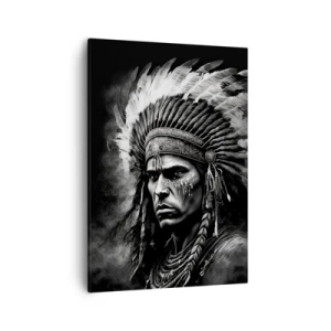 Cuadro sobre lienzo - Impresión de Imagen - Retrato de un jefe con un tocado de plumas sobre un fondo negro - 50x70cm - Líder y guerrero - Decoración de pared moderna para salón y dormitorio ARTTOR