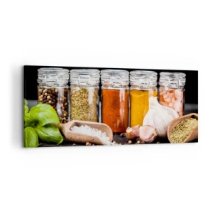 Cuadro sobre lienzo - Impresión de Imagen - Hierbas y especias en frascos de vidrio sobre un fondo oscuro. - 120x50cm - Para que la vida sepa bien - Decoración de pared moderna para salón y dormitorio ARTTOR