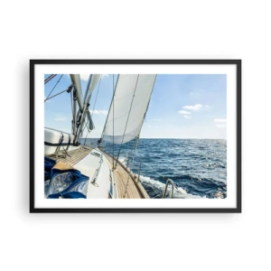 Póster en marco negro - Un velero en un mar tranquilo bajo un cielo azul. - 70x50cm - Ahoy, a la aventura - Decoración de pared moderna para salón y dormitorio ARTTOR