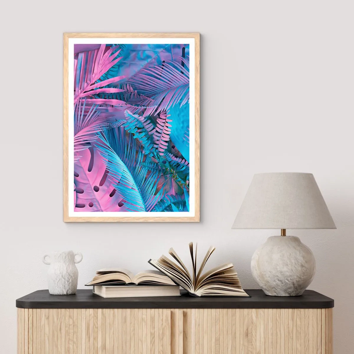 Póster en marco roble claro - Trópicos en rosa y azul - 50x70 cm