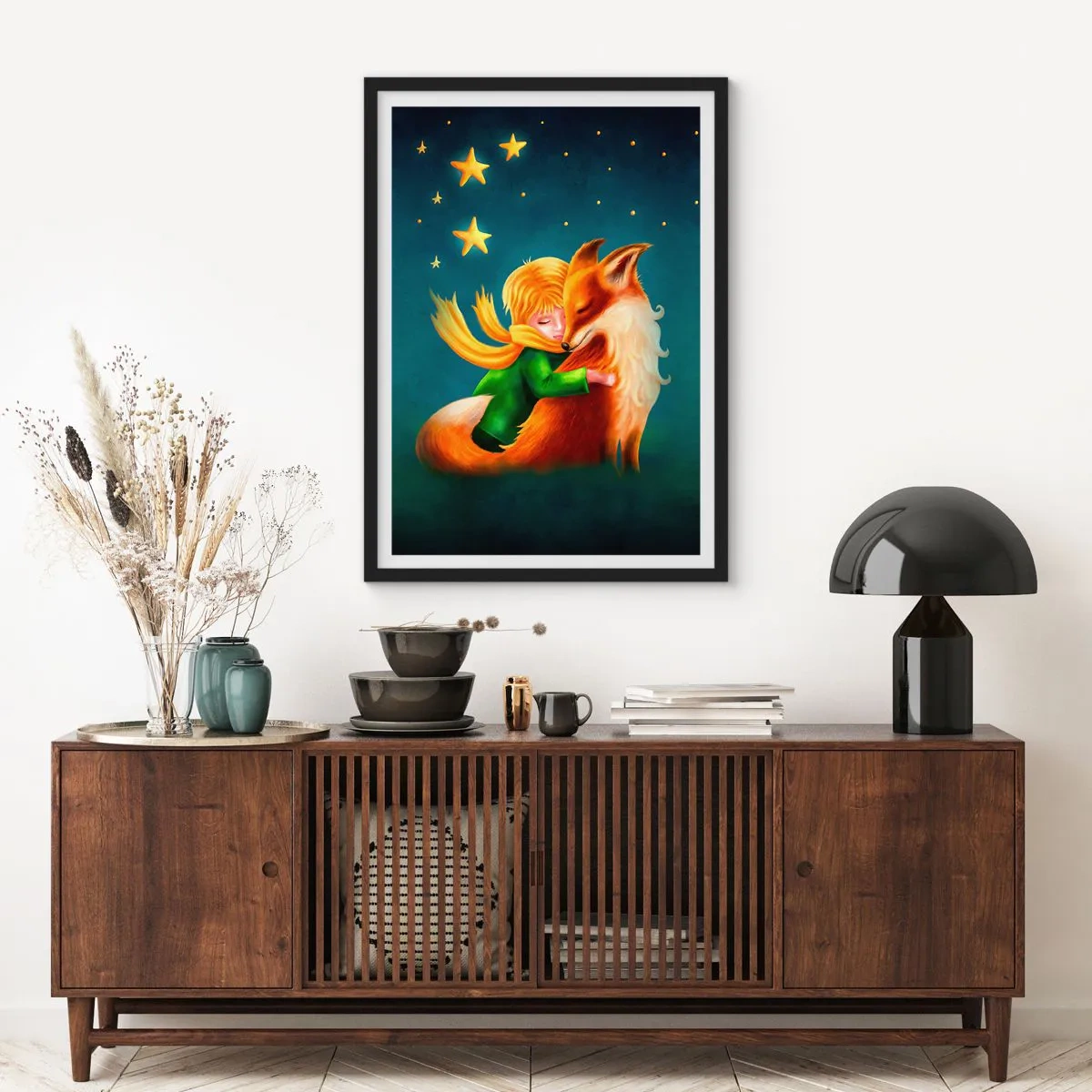 Póster en marco negro - Una figura con un zorro en un escenario mágico de estrellas. - 50x70cm - El Principito - Decoración de pared moderna para salón y dormitorio ARTTOR