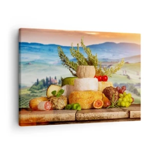 Cuadro sobre lienzo - Impresión de Imagen - Una composición de quesos y frutas con el paisaje toscano como telón de fondo. - 70x50cm - La alegría de vivir italiana - Decoración de pared moderna para salón y dormitorio ARTTOR