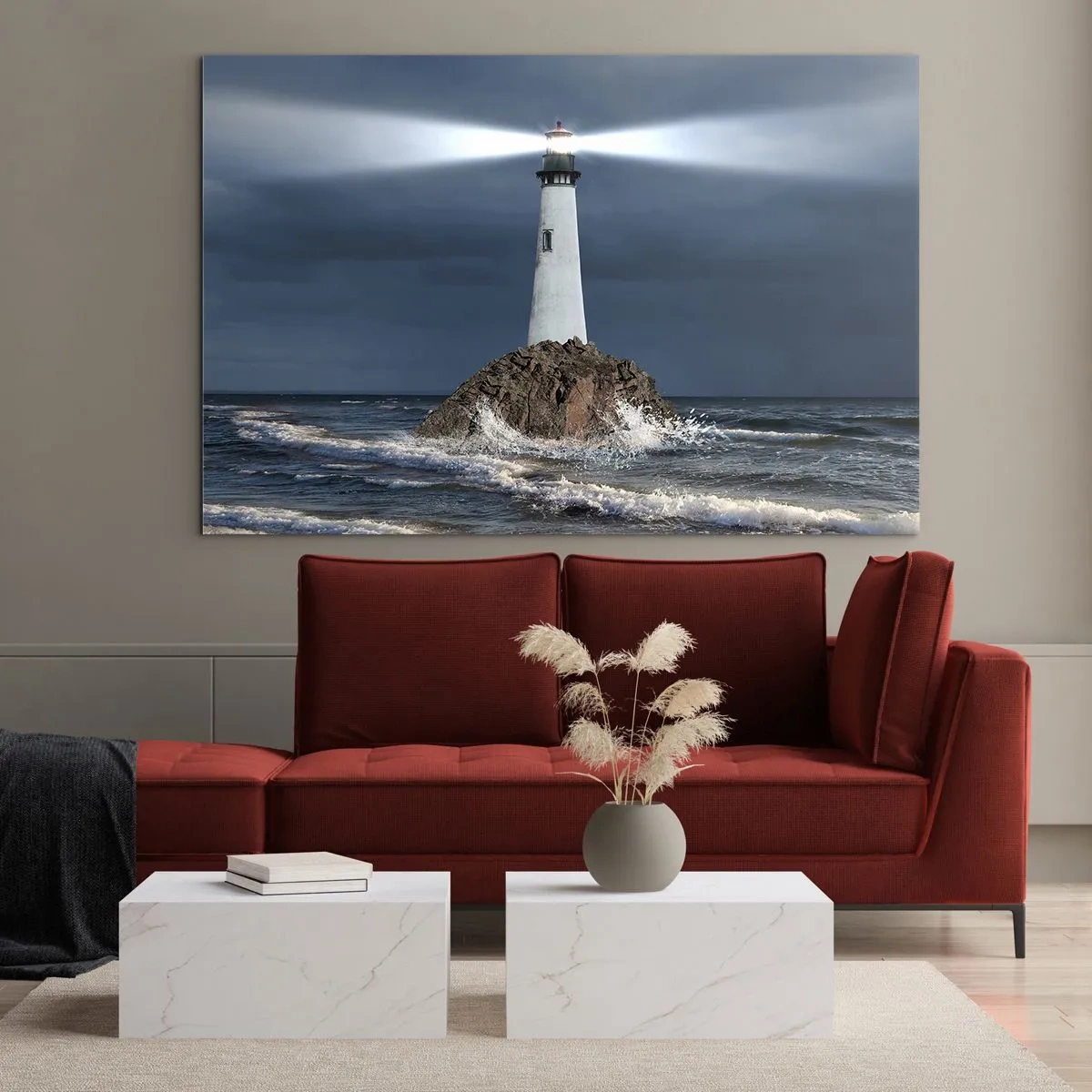 Cuadro sobre vidrio - Impresiones sobre Vidrio - Un faro en una roca en medio de las fuertes olas de la noche. - 120x80cm - ¡Aquí... aquí... aquí! - Decoración de pared moderna para salón y dormitorio ARTTOR