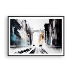 Póster en marco negro - Panorama abstracto de la ciudad con un puente arqueado - 100x70cm - Estudio de la ciudad: arquitectura y movimiento - Decoración de pared moderna para salón y dormitorio ARTTOR