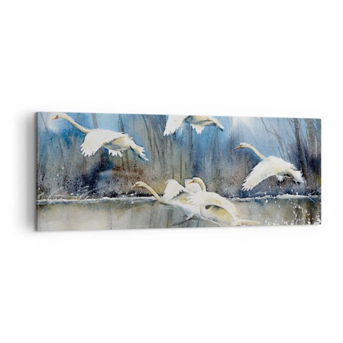 Cuadro sobre lienzo - Impresión de Imagen - Cisnes en vuelo sobre un lago congelado en un paisaje invernal - 140x50cm - Como en un cuento de cisnes salvajes - Decoración de pared moderna para salón y dormitorio ARTTOR