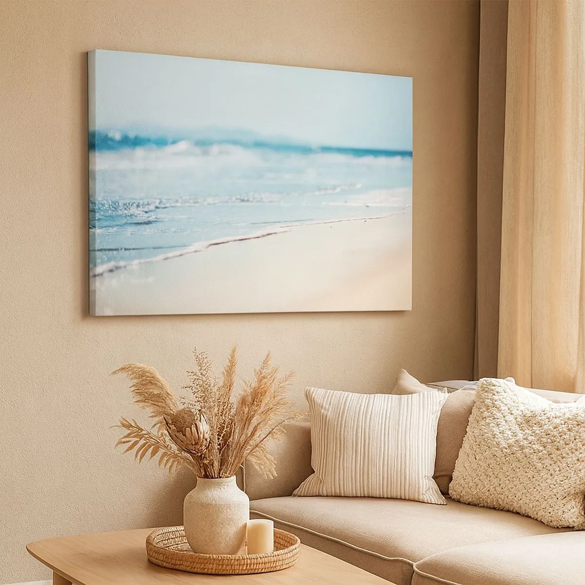Cuadro sobre lienzo - Impresión de Imagen - Suaves olas del océano en una playa de arena - 70x50cm - Calor y brisa - Decoración de pared moderna para salón y dormitorio ARTTOR