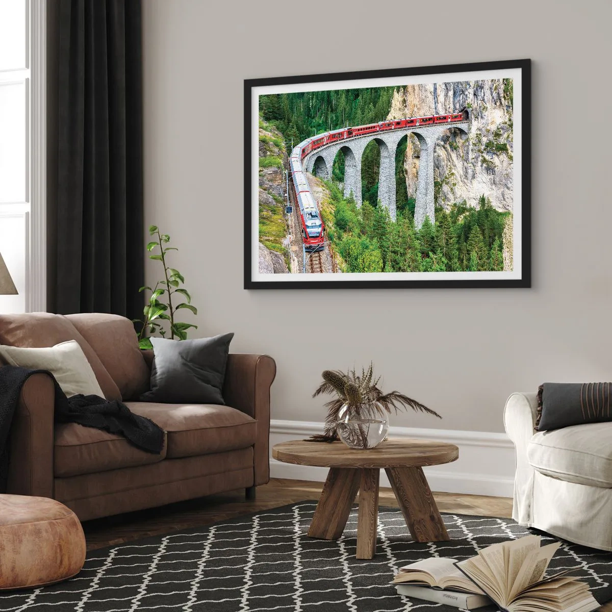 Póster en marco negro - Un tren en un pintoresco viaducto en un paisaje montañoso. - 70x50cm - Atravesando las montañas - Decoración de pared moderna para salón y dormitorio ARTTOR