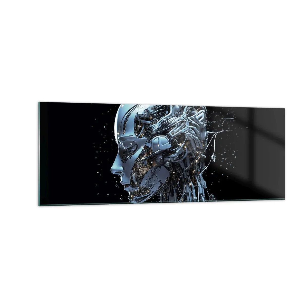 Cuadro sobre vidrio - Impresiones sobre Vidrio - Retrato futurista de un cyborg en estilo industrial sobre fondo negro. - 140x50cm - La tecnología es una mujer - Decoración de pared moderna para salón y dormitorio ARTTOR