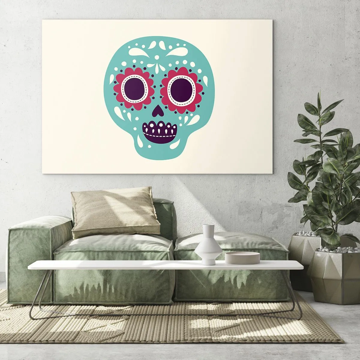 Cuadro sobre vidrio - Impresiones sobre Vidrio - Una calavera colorida decorada con patrones sobre un fondo claro. - 120x80cm - La vida: diversión hasta la muerte - Decoración de pared moderna para salón y dormitorio ARTTOR