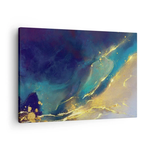 Cuadro sobre lienzo - Impresión de Imagen - Composición abstracta en tonos azules y dorados sobre lienzo. - 70x50cm - Inundación dorada - Decoración de pared moderna para salón y dormitorio ARTTOR